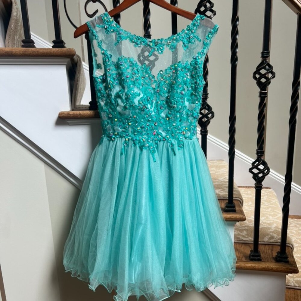 Hanna S Pre- Owned Aqua Mini Party Dress size 8 - Picture 1 of 13
